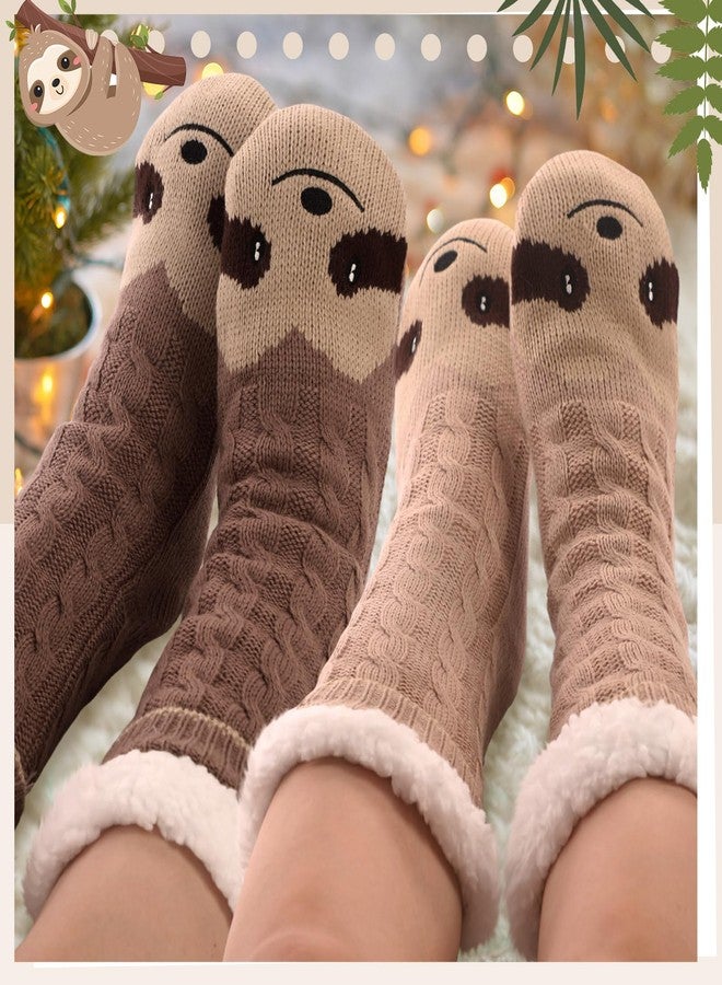 Cozypower جوارب Cozypower المنزلية الناعمة المكونة من زوجين مع مشابك مانعة للانزلاق - جوارب دافئة بتصميم الكسلان والبطريق للأزواج (بني وكاكي) - Image 4